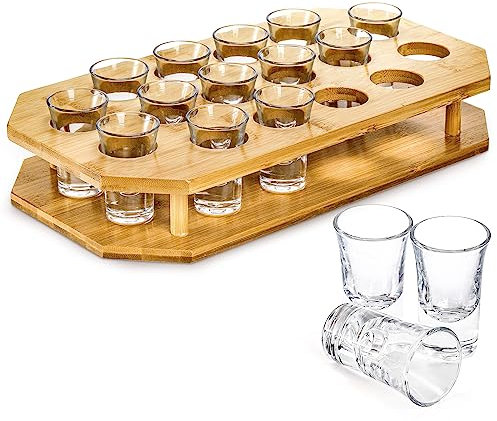 SOUJOY 16 Shot Glass Server Tray Set, 1 oz Shot Glass Set with Bamboo Tray, Party Serving Holder for Bar, Pub, Party, Club Drinking
