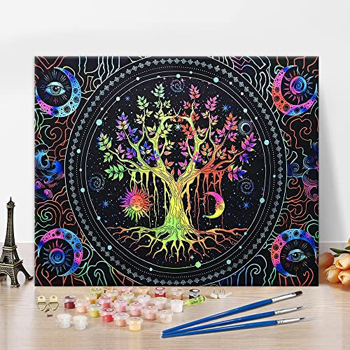 Arbre de vie Peinture par Numéros pour les Adultes Débutant, soleil et lune Peinture par Numéros Kits pour les Enfants, Galaxy Space Kits de toile de Peinture à l’huile, 16x20 Peinture par Numéros