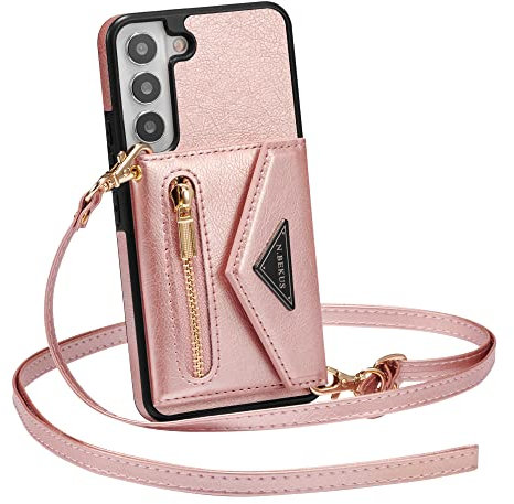ZCDAYE Hülle für Samsung Galaxy S23 mit Band, Leder Galaxy S23 Handyhülle Handytasche Kleine Geldbörse Handykette Umhängetasche Case für Samsung S23, Roségold