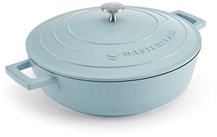 MasterClass Cacerola poco profunda con tapa 4L/28 cm, Aluminio fundido ligero, Apta para horno y placa de inducción, Azul cielo