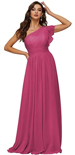 Vestido de dama de honor con un hombro largo, cintura imperio, manga con volantes, vestido de fiesta de boda, fucsia, 36