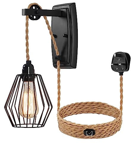 ENCOFT Black Plug in Wall Light Dimmable Industrial Wall Lights with Switch 4M Cable E27 Pulley Wall Lamp for Bedroom Living Room Hallway