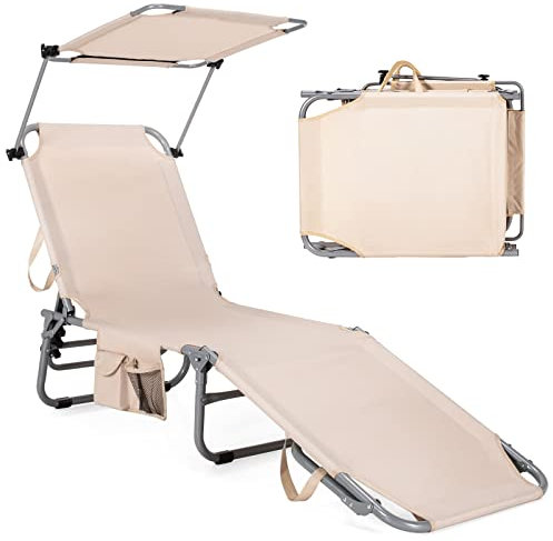 GOPLUS Tumbona Plegable Playa con Toldo Giratorio de 360°, Respaldo Ajustable de 5 Posiciones y Bolsillo Lateral, Tumbona Reclinable Portátil para Jardín Piscina Patio, Carga 150 kg (Beige)