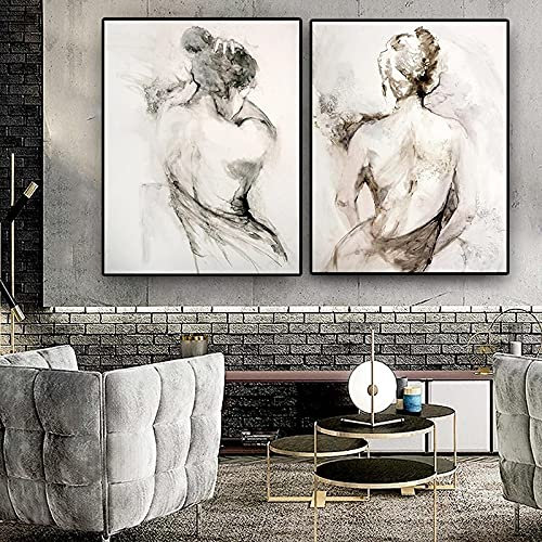BIEMBI Abstrakte schwarze weiße Frau sexy nackter Rücken Leinwandmalerei Poster und Drucke Wandkunstbild für Wohnzimmerdekoration 50 x 70 cm x 2 Rahmen