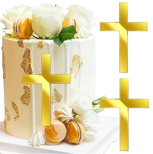 Cross Cake Topper, 6 Pcs Acrylic Gold Mirror Baptism Cake Toppers Christening Cake Decorations for Baptism Party Wedding Birthday Baby Shower Christian Decorations