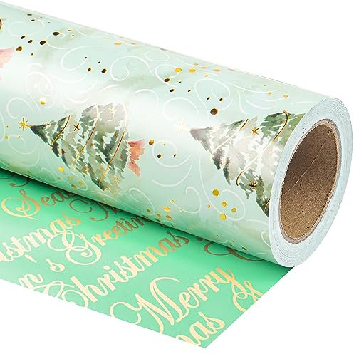 WRAPAHOLIC Wendbares Weihnachts-Geschenkpapier – Mini-Rolle – 43 cm x 90 m – Aquarell grüner Weihnachtsbaum und Frohe Weihnachten mit Metallfolie Glanz für Urlaub, Party, Feier