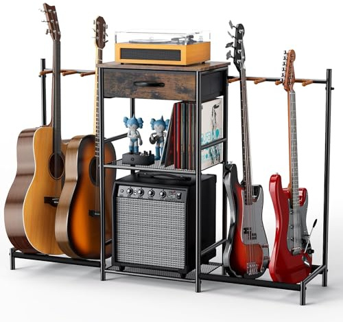 Gitarrenständer Boden mit 4 Gitarrenhaltern, 3-stöckiger Gitarrenständer, mehrere Gitarren, Gitarrenständer mit Verstärkerständer und Stoffschublade, Multi-Gitarrenständer für Musikstudio,