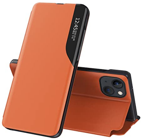 LEMAXELERS Phone Case for iPhone 14, iPhone 14 Cover Bookstyle Clear View Window Flip Shockproof PC Shell PU Leather Flip Wallet Case with Kickstand for iPhone 14,QH CC Orange