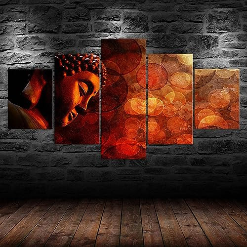 Kunstdrucke 5 Teilig Bilder Leinwand,leinwandbilder 5 teilig wohnzimmer dekoration,5 Teilig Wanddekoration Buddha-Statue,rote Landschaft,Bild Bilder auf Leinwand 5 teilig Poster,wandbild xxl 100x55cm