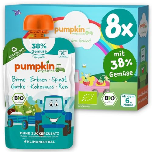 Pumpkin Organics Bio Gemüse-Getreide-Quetschies 8er Pack Birne, Erbsen, Spinat, Gurke, Kokosnuss, Reis ohne Zuckerzusatz¹ - ab dem 6. Monat - als Snack oder Beikost für unterwegs - glutenfrei (8x100g)