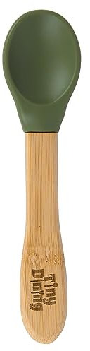 Tiny Dining 1x Verde Oliva 14cm Niños Bambú Cuchara con Punta de Silicona - Cubiertos de Alimentación para Bebés - Child & Niño Pequeño Destete Vajilla - Respetuoso del Medio Ambiente