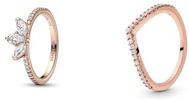 Pandora Timeless Funkelndes Herbarium Cluster Ring & Sparkling Wishbone Ring mit 14 Karat rosévergoldete Metalllegierung