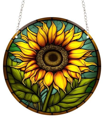 Mom Sunflower Sun Stained Windows Hanging Suncatcher,Flower Stained Glass Suncatchers Window Ornament Stained Glass Panel Sun Catcher Wall Hanging Decor Birthday Gifts