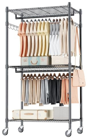 Himimi 3 tier Double Rod Garment Rack/Clothes Rail with Height-Adjustable Shelves,Clothes Rack with 2 Hooks, Clothes Rails with Wheels, 60 * 42 * 205cm, Black