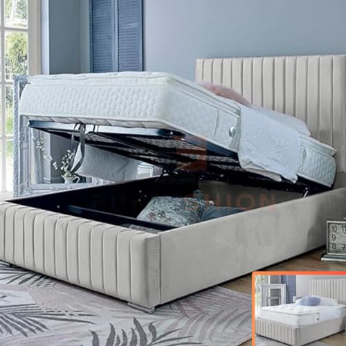 Furnishion King Size Bed Frame with Storage - Cream Velvet Ottoman Bed King Size - Panel Storage Bed Mattress Not Included - 48inch High Headboard