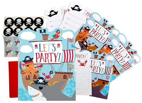 Set 8 Einladungskarten Piraten Einladung Piratenschiff mit Umschlag, Sticker und Aufkleber Pirat Partyeinladungen Kinderparty Kindergeburtstag Jungen Mädchen
