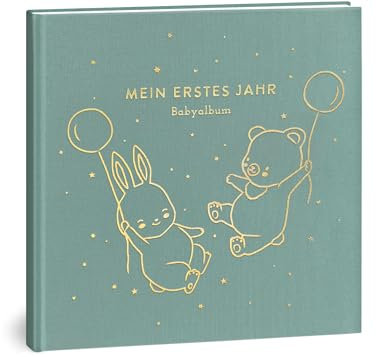 Mein erstes Jahr Babyalbum - Hochwertiges Leinenbuch mit Goldprägung für die schönsten Erinnerungen - Babybuch zum Eintragen für das erste Lebensjahr - Baby Geschenk zur Geburt (Luftballons Mint)