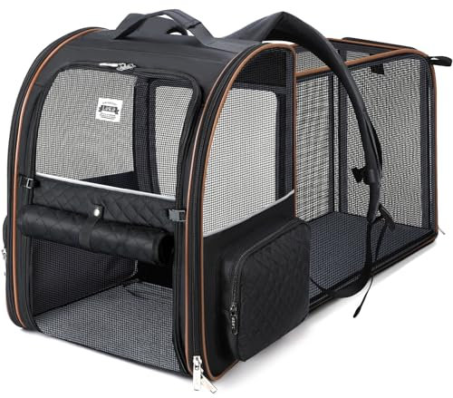 Lekespring Zaino per Cani Gatti Grande Porta Animali Espandibile Per Cani Piccoli Gatti Medi Fino a 10 KG, con 4 ingressi Zaino Traspirante Porta Cuccioli Pieghevole Per Viaggi, Escursioni, Nero XL