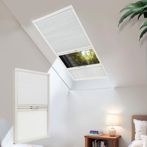 Moonice Cordless Skylight Blinds Day and Night Honeycomb Skylight Shades Blackout Cellular Pleated Roof Blinds for Home Easy to Install Shade for Ceiling Window Custom Size - White