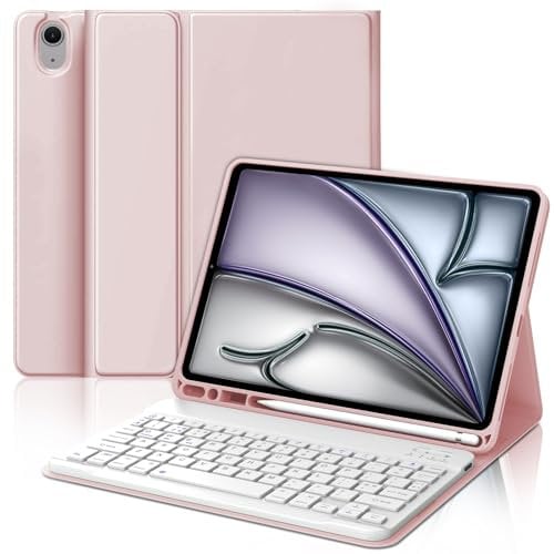 IVEOPPE Keyboard Case for iPad Air 11'' M2 2024/ M3 2025- UK Layout Keyboard for iPad Air 5 2022/4th 2020-7 Colors Backlight Detachable Bluetooth Keypad, Cover with Pencil Holder- Light Pink