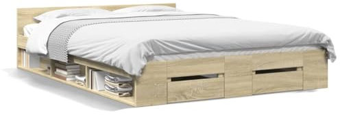 vidaXL Sonoma Oak Engineered Wood Small Double Bed Frame - Modern Storage Bed with Drawers & Side Compartments, Plywood Slats, 193x123cm