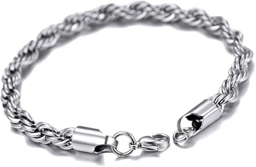 Silver Twisted Rope Bracelet Hip Hop Jewelry 316L Stainless Steel For Men and Women's Thick Rope Chain Bracelet for Men and women Silver Bracelet (6mm)