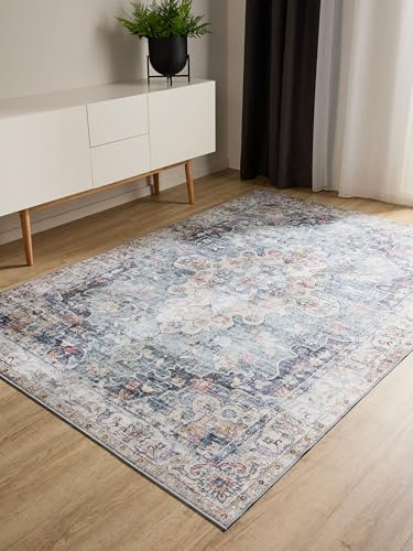 benuta Basic Waschbarer Teppich George - Blau 240x340 cm - Kunstfaser - Rechteckig & im Style: Vintage, Elegant, Retro - Pflegeleicht für Wohnzimmer Schlafzimmer