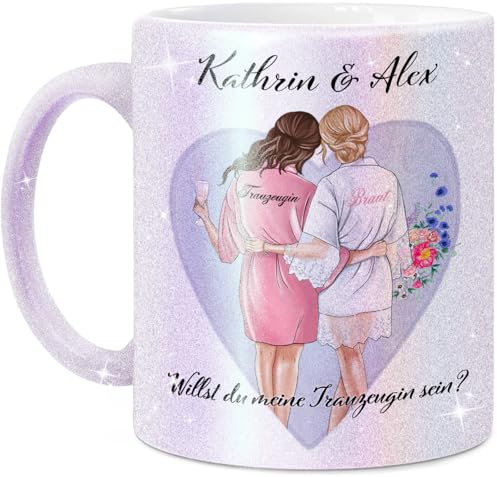 Tassenliebling® Trauzeugin Geschenk - Personalisierte Glitzer Tasse mit Spruch selbst gestalten - Perlmutt - Brautjungfer - Braut - Bridesmaid - Maid of Honor - Brautmutter