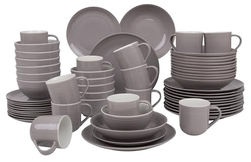 AMBITION Tafel und Kaffeeservice 12 personen Linea 60-teilig Porzellan Teller Tassen Schalen dezente Linien Spülmaschine & Mikrowelle grau