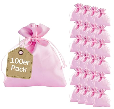 SPRINTIS Satinsäckchen rosa, 10 x 13 cm (100 Stück) - edle Geschenkbeutel mit Satinband – wiederverwendbare Schmuckbeutel, perfekt für Weihnachten und Hochzeit
