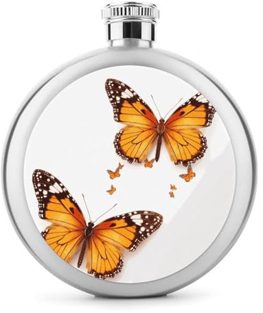 Round Flask 5oz Portable Stainless Steel Hip Flask Orange ButterflyWhisky Flask for Men Women