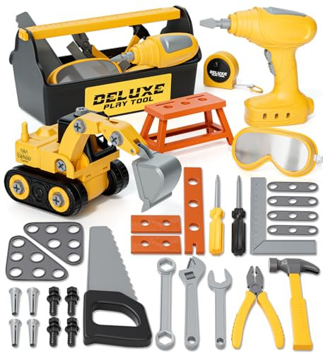 Lehoo Castle Montessori Werkzeugkoffer Werkzeug Kinder Spielzeug ab 3 4 5 Jahre, Junge Geschenke mit Elektrische Bohrmaschine & Mini-Werkbank & Bagger Auto Kinderspielzeug, Rollenspiel Spielzeug