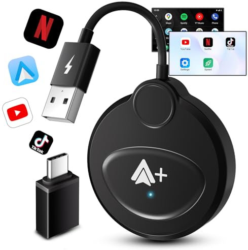 Adattatore Android Auto Wireless con YouTube, Netflix, Tiktok per Android Auto Cablato in Fabbrica a Wireless, Compatibile con il 98% Delle Auto (Nero)