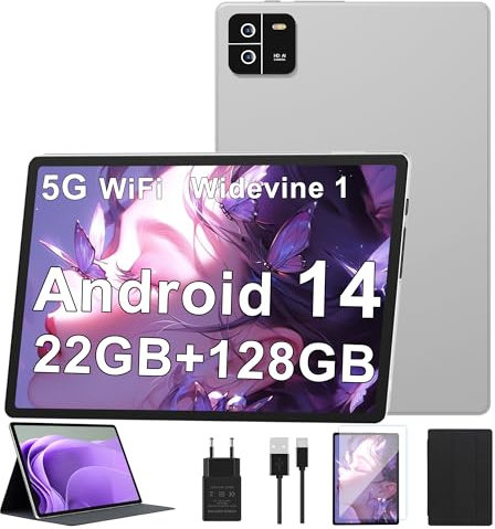 MIRGAMO Tablet 10 Pollici,Tablet Android, 22GB RAM+128GB ROM (TF 1TB), 1920 * 1200 pixel/5G WiFi/Supporto Widevine L1/Octa-Core/8000mAh/16MP+8MP/BT 5.0-Argento