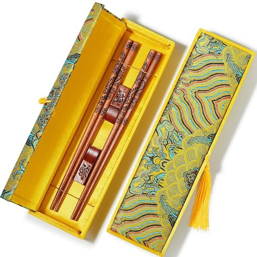 MUMSUNG Chopstick Reusable, Wooden Dragon Chopsticks with Holder and Carrying Bags, Chinese Traditional Chop Sticks Gift Set (2 Pairs)