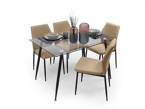 Homely - Conjunto de Comedor Cairo Bay 120 | Mesa de Cristal 120x79,5 cm y 4 Sillas Tapizadas Beige | Patas de Metal Color Negro | Diseño Nórdico de Comedor, Salón, Cocina, Sala