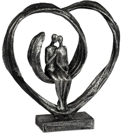 formano Dekofigur Liebespaar Herz aus Polyresin Skulptur 26 cm - Schwarz Silber - Romantische Deko für Zuhause und Geschenkidee zum Valentinstag, Hochzeit oder Jahrestag - Liebevolle Figur im Herz