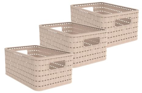 Rotho Swiss Design Country A5 6L Aufbewahrungskorb – Kunststoff Korb in Rattan-Optik mit Griffen – Stapelbar & stabil – Ordnungsbox für Haushalt, Büro & Bad – Deep Forest Grün 3er Set (Meadow Rosé)