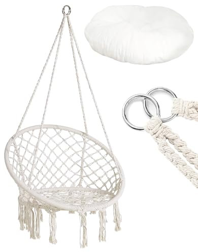 IlGruppone Sedia Sospesa ad Altalena Lavorata a Maglia con Corda in Cotone Frange Macrame Cuscino Sfoderabile Amaca per Interni/Esterni, Patio Terrazzi Cortile Giardino Bar capacità 120 kg - Naturale