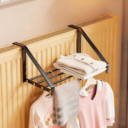 JCSRYD Wäscheständer für Heizkörper, Heizung Ablage, Kompakter Wäscheständer, Kleiderbügel für Heizkörper, Zum Aufhängen an Fensterrahmen und Geländern(Black,40 * 30cm/16 * 12in)