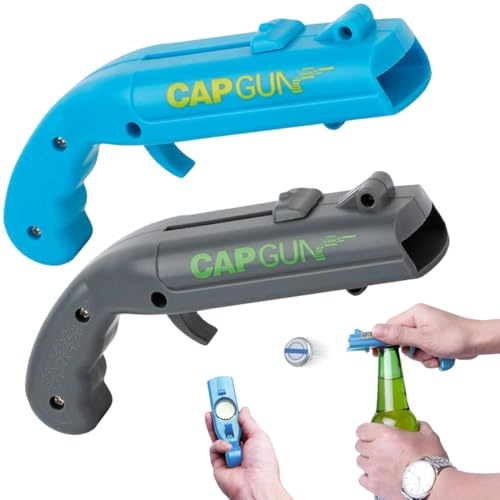 Flaschenöffner Pistole 2 Stück, Lustiger Schuss Bieröffner mit Cap Gun Funktion, Biergeschenke für Männer – Ideal für Zuhause, Bar, Party, Geburtstag & Weihnachten (Blau und Grau)