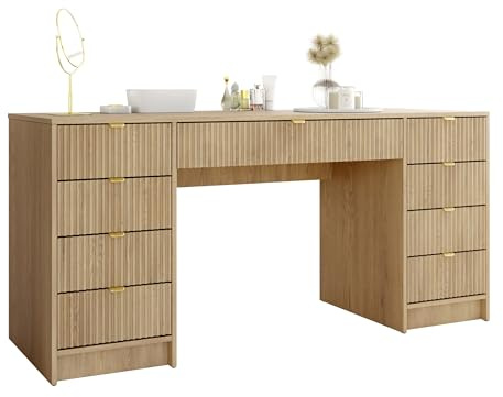 Mirjan24 Schreibtisch Tireno Bis mit 9 Schubladen (Eiche Cremona) | Schüler- oder Schminktisch mit geriffelten Fronten, goldfarbenen Griffen und viel Platz, B/H/T: 154/76/55 cm