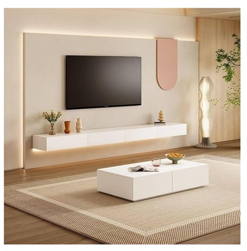 Meuble TV Moderne avec Rangement Caché, Centre De Divertissement Flottant en Bois, Peu Encombrant for Salon, Chambre À Coucher, Appartement(140cm)