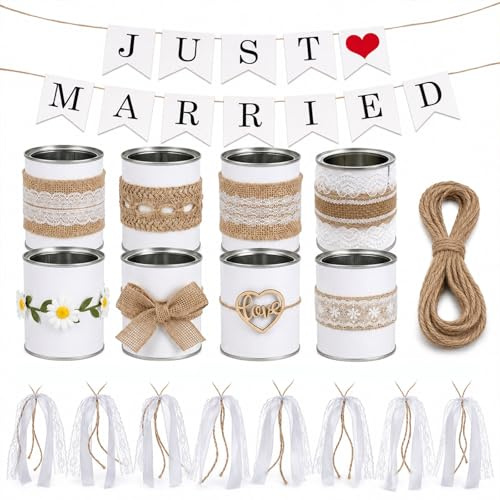 8 Handmade Wedding Tin Cans – Wedding Car Ribbon Decoration Set, Just Married Getaway Car Decor with Banner