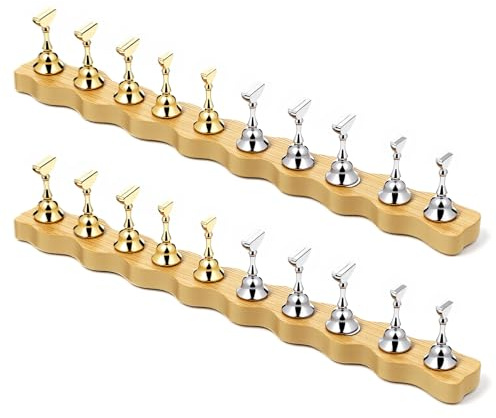 YQQYG 2 juegos de soportes para uñas, soporte para uñas a presión, soportes de madera con forma de onda, base magnética para soportes de exhibición de pintura (plateado, dorado)