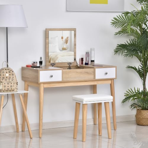 HOMCOM Frisiertisch mit Spiegel & Hocker 2 Schubladen 100x45x118 cm Natur | Frisiertisch, Klappspiegel, gepolsterter Sitz, Schminktisch
