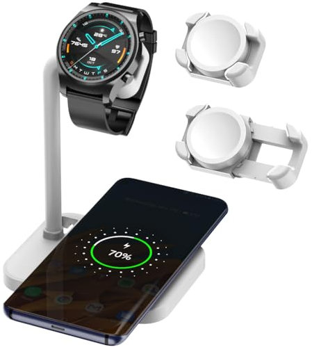 AODUKE 2 in 1 Wireless Charger Stand for Samsung/Google Charging Dock, for huawei GT/Samsung Galaxy/Pixel/Garmin/Diesel/Fossil/Fitbit/Skagen/Michael/Galaxy/GT Watch Bracket Base(02SW-W)