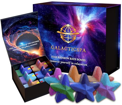 Galacticspa Space Rainbow Star Bath Bombs / 6 x 80g Luxury Bath Bomb Gift Set/Natural Essential Oils/Colourful Bubble and Non-Staining/Vegan, Cruelty Free/Perfect for Men, Women and Kids
