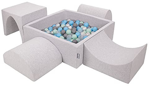 KiddyMoon Spielplatz Aus Schaumstoff Mit Quadrat Bällebad (300 Bälle) Ballgruben Für Babys Spielbad Hindernisläufen, Hergestellt In Der EU, Hellgrau:Perle/Grau/Transparent/Babyblue/Minze