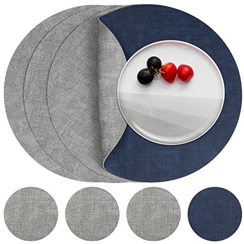 Myir JUN Tischsets Abwaschbar Leder und Untersetzer, Doppelseitigen Platzset Rund Ø 36cm 4er Set rutschfest Glasuntersetzer Platzdeckchen Leder Kunstleder Tischset (Grau Blau, 4er Set)